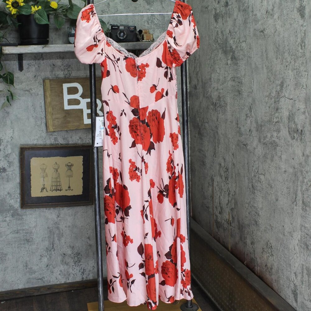 NWT B. Darlin Floral Print Satin Puff Sleeve Midi Dress Pink / Red Multi 5 / 6 - Picture 5 of 11
